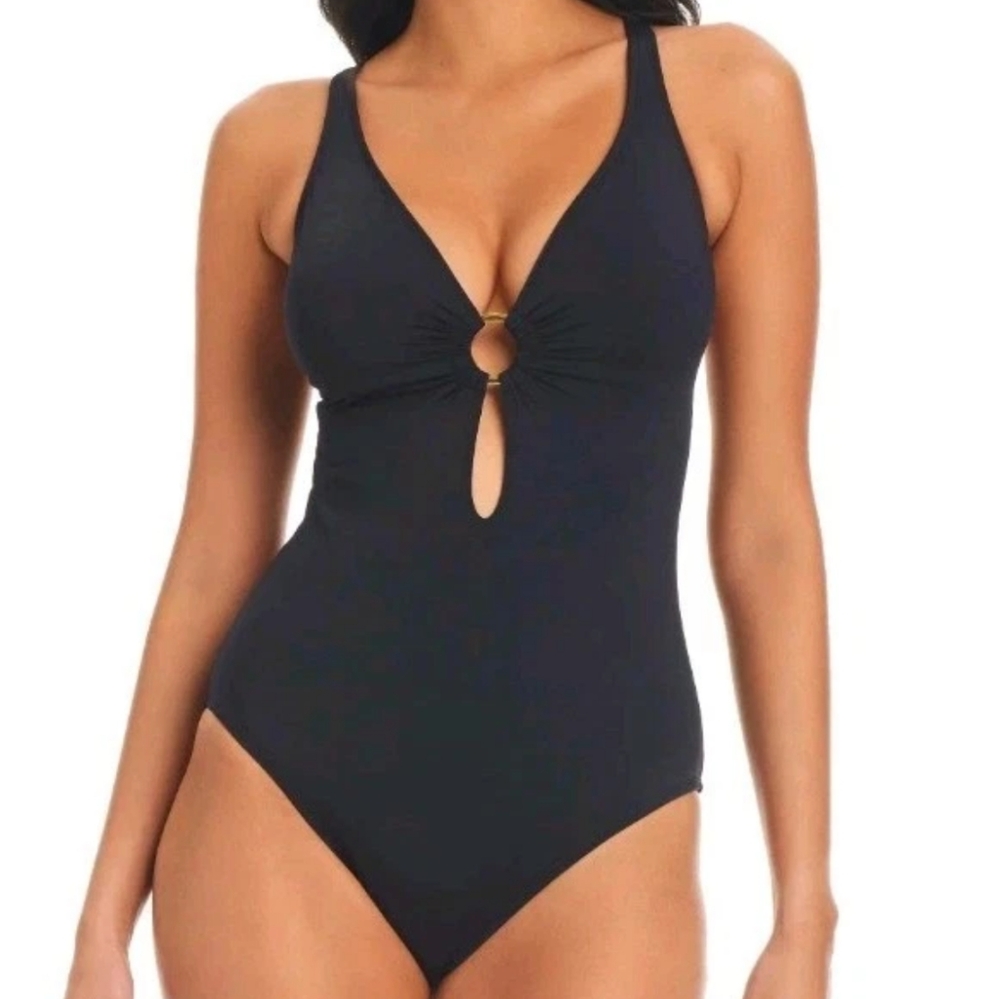 Bleu Rod Beattie Ring Me Up Swimsuit Large Sz 14 Black Wireless Scoop Back Nwt